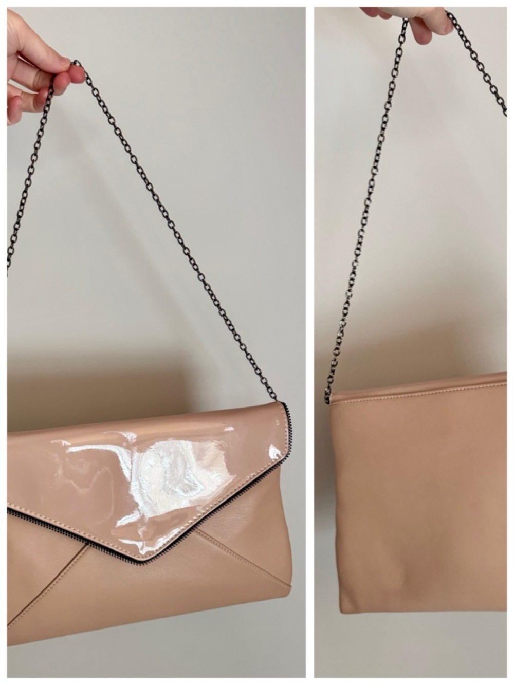 La Diva Nude Patent Leather Envelope Clutch Crossbody Bag | Gunmetal Hardware - Picture 10 of 17